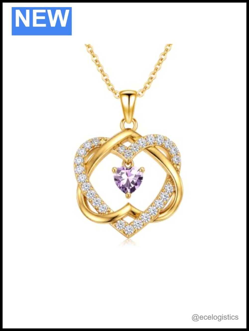 14K Gold Double Heart Birthstone Necklace with Cubic Zirconia Pendant